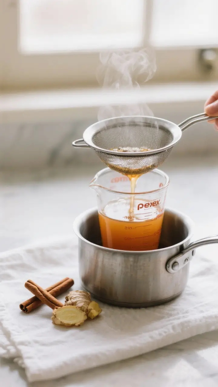 Cooking process close-up: A small saucepan of the finished spice infusion being strained through a f