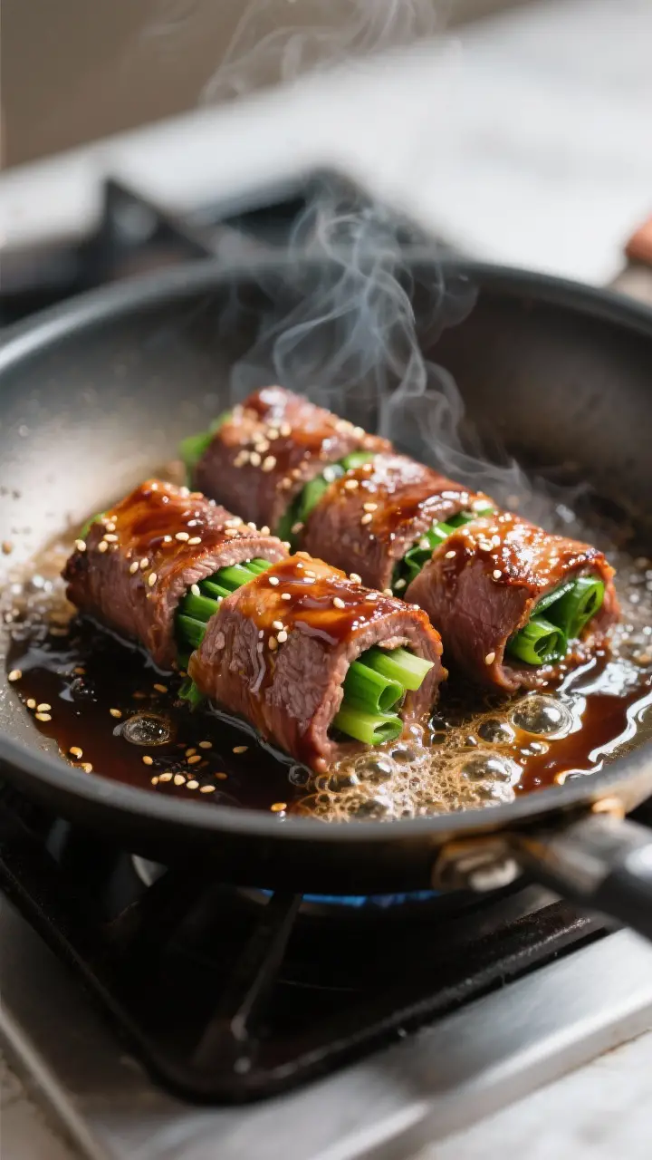 Cooking process close-up: Beef Negimaki rolls searing seam-side down in a stainless skillet, surface