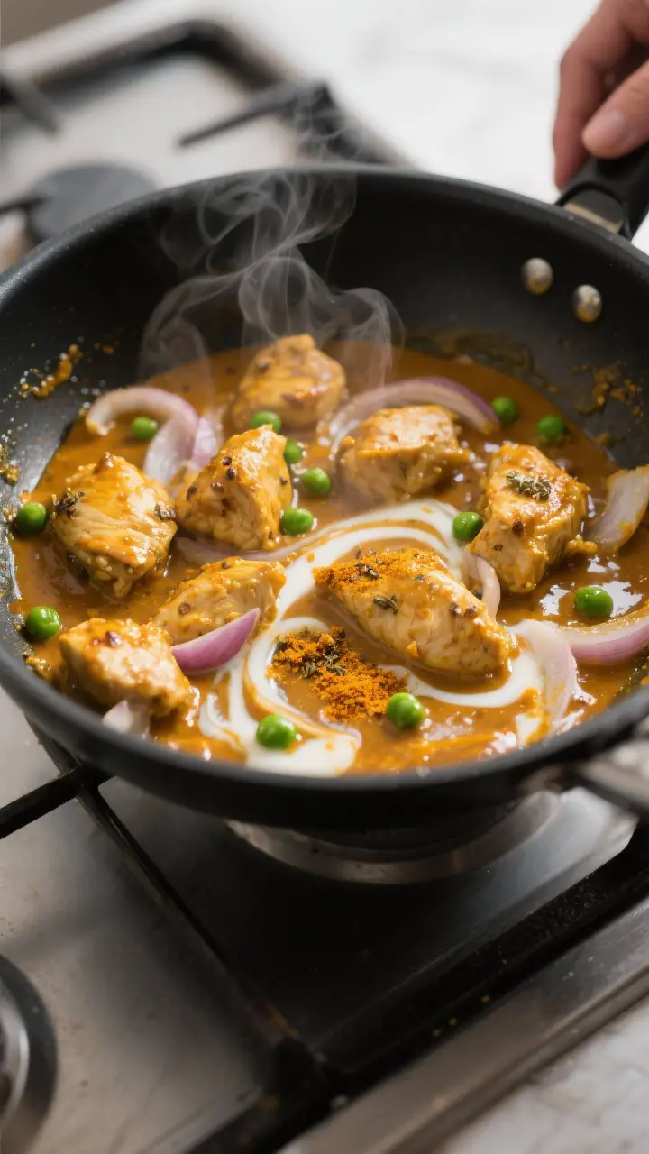 Cooking process close-up: Bite-size chicken pieces simmering in a skillet with a glossy, thickening 