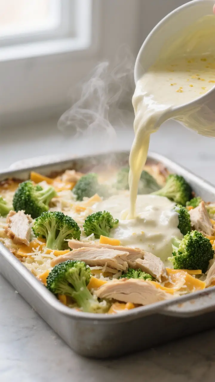 Cooking process close-up: Broccoli florets and shredded rotisserie chicken layered in a greased 9x13