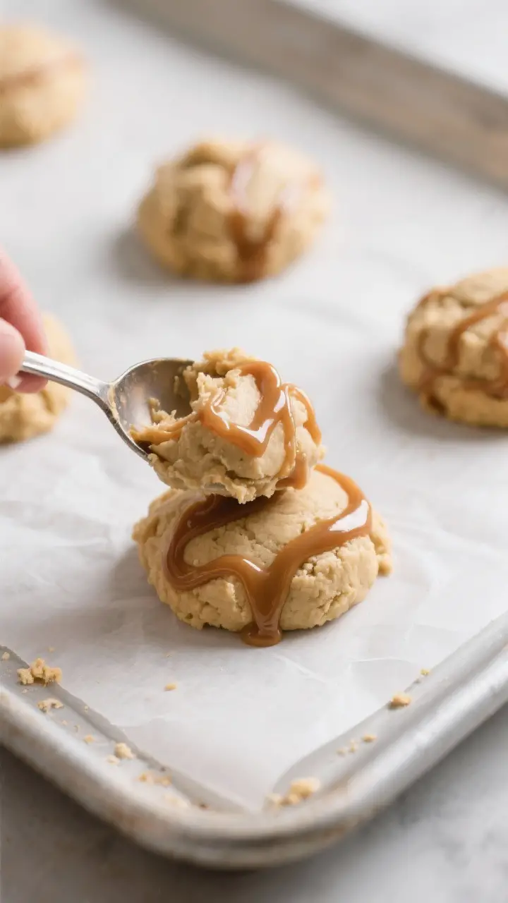 Cooking process close-up: Chilled caramel-swirled cookie dough being scooped into 2-tablespoon mound
