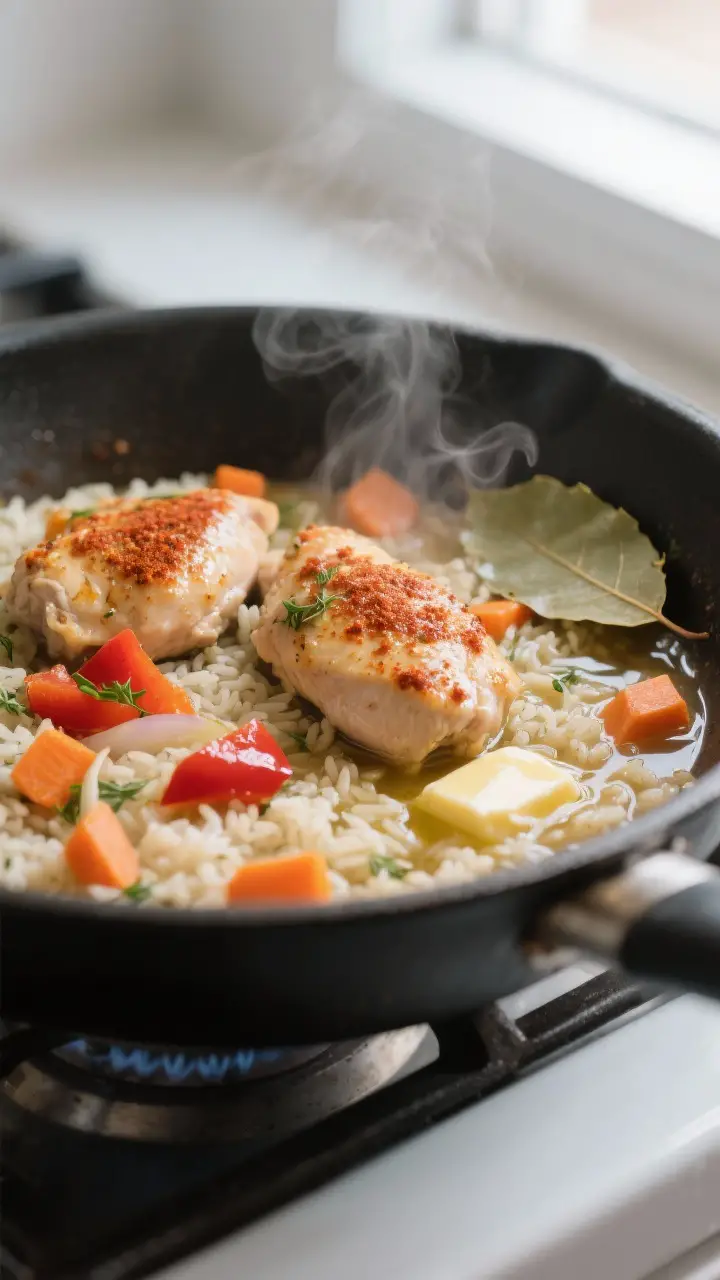Cooking process, close-up: Close-up of a deep skillet on low heat showing tender, seasoned chicken p