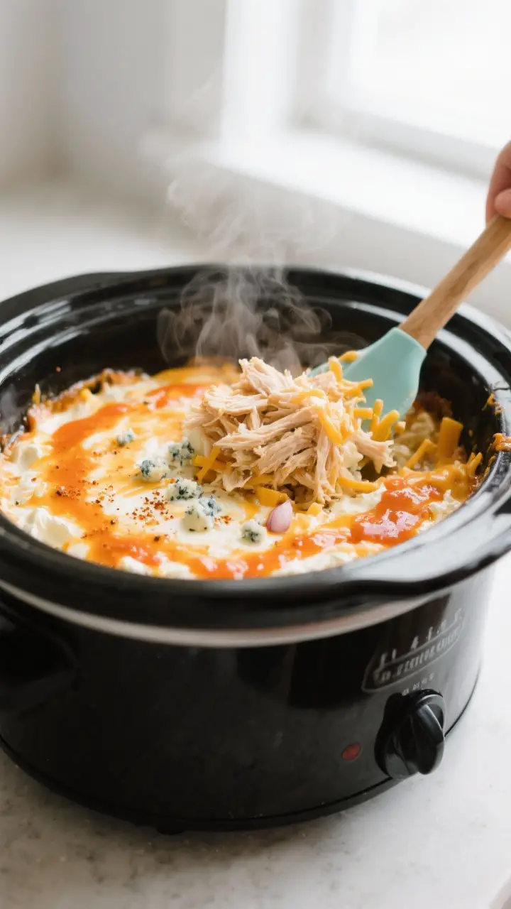 Cooking process close-up: Crockpot buffalo chicken dip mid-melt in a 3–4 quart slow cooker, cheese
