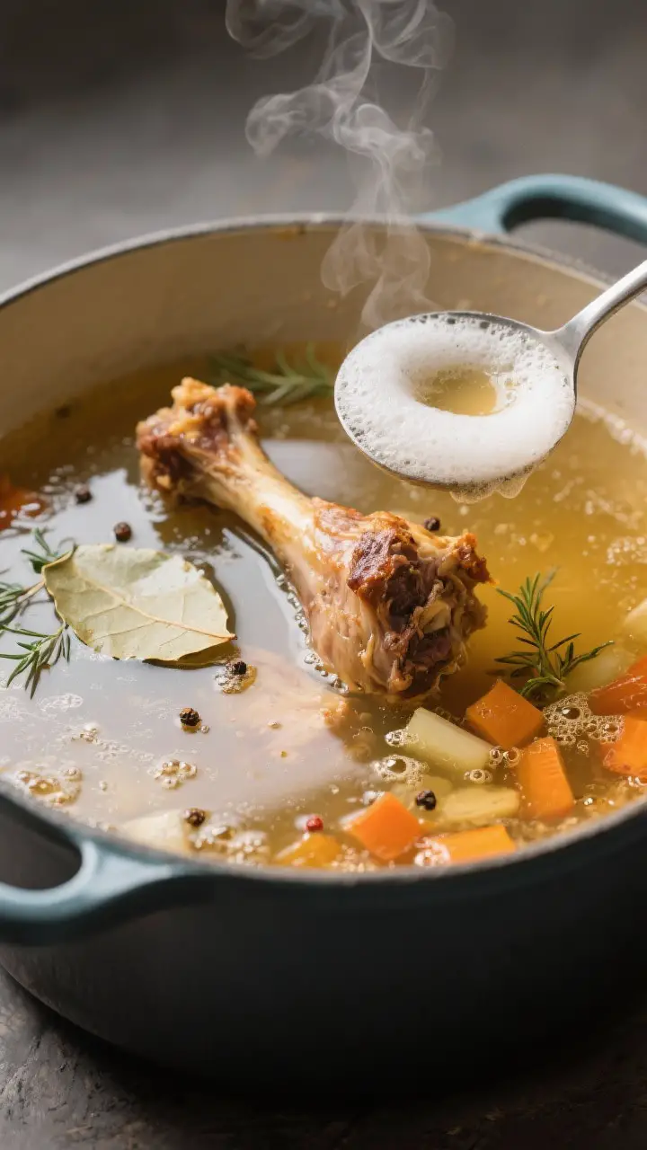 Cooking process, close-up detail: A Dutch oven at a gentle simmer with roasted turkey bones and deep