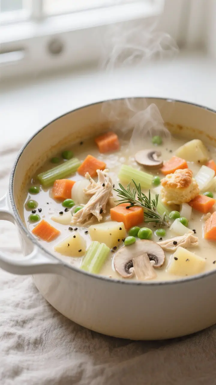 Cooking process, close-up detail: Cheese Puff Stew simmering in a cream-coated Dutch oven, overhead