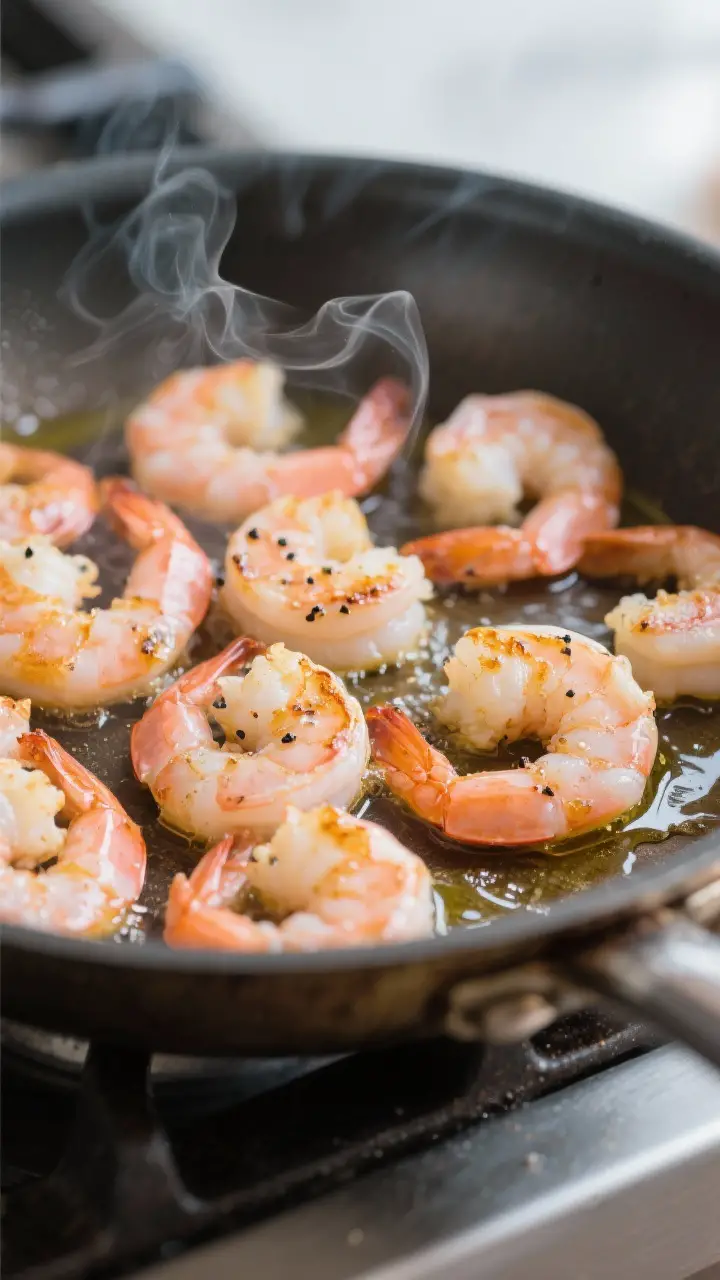 Cooking process, close-up detail: Searing shrimp in a large skillet, mid-cook, showing plump, opaque