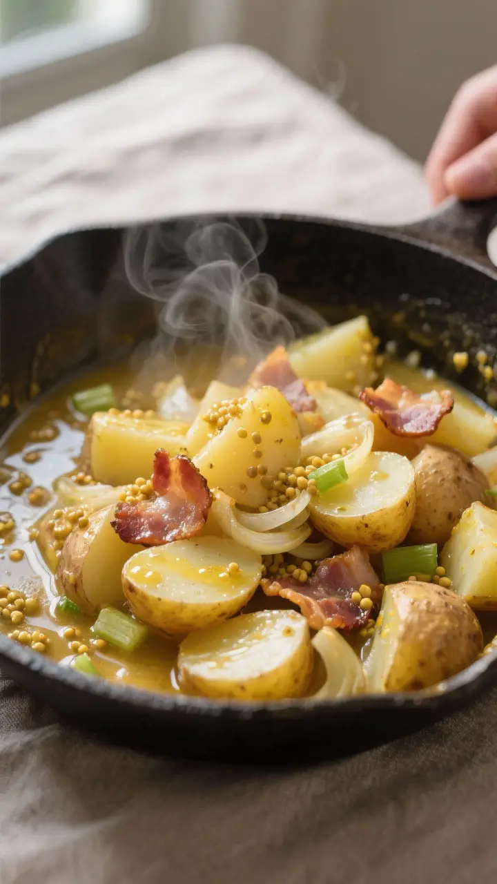 Cooking process, close-up detail: Steaming-hot Yukon Gold potato chunks just drained and added to a 