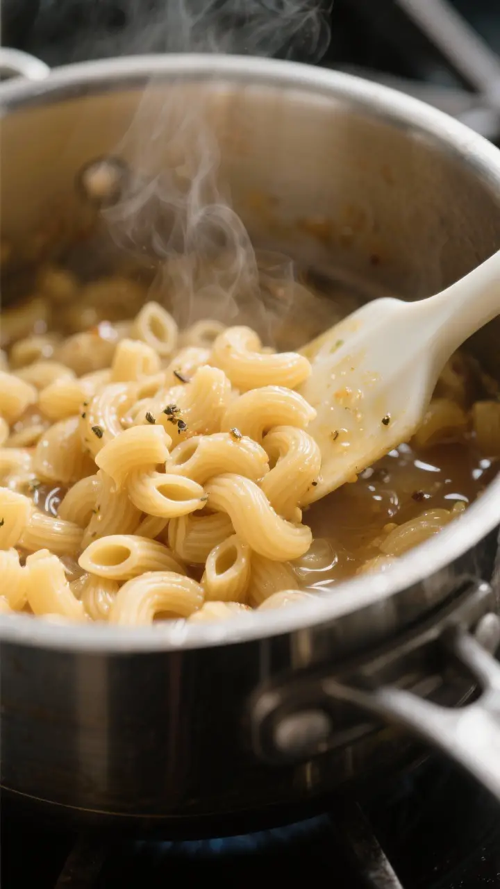 Cooking process, close-up detail: Warm, vinegar-tossed macaroni just drained and returned to the pot