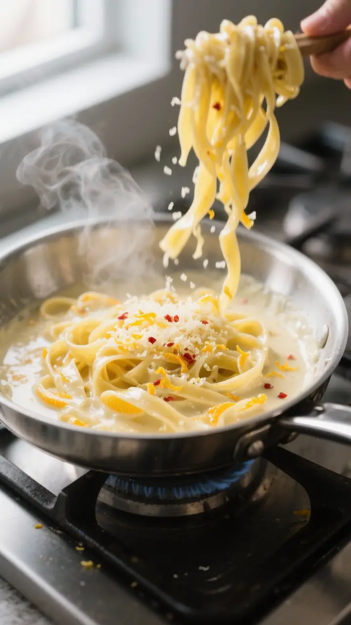 Cooking process close-up: Fettuccine being tossed in a silky citrus cream sauce in a stainless-steel