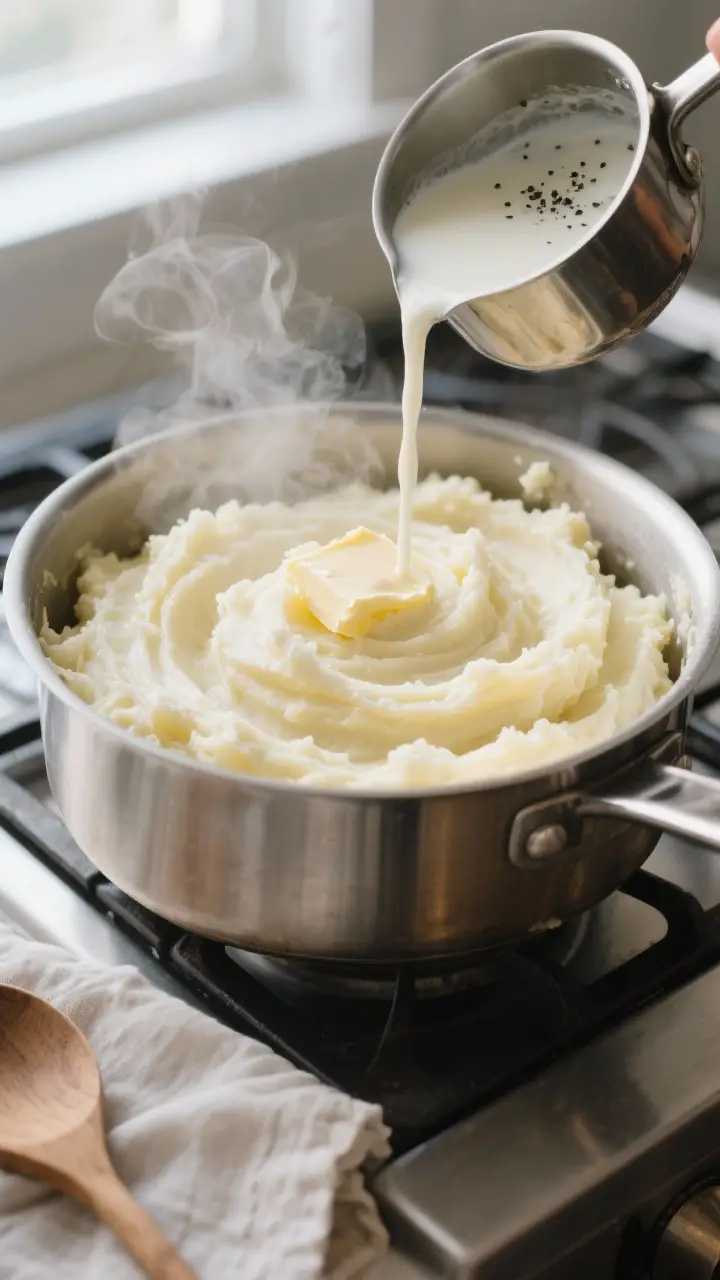 Cooking process close-up: Fluffy, just-mashed buttermilk potatoes in a warm stainless pot, steam ris