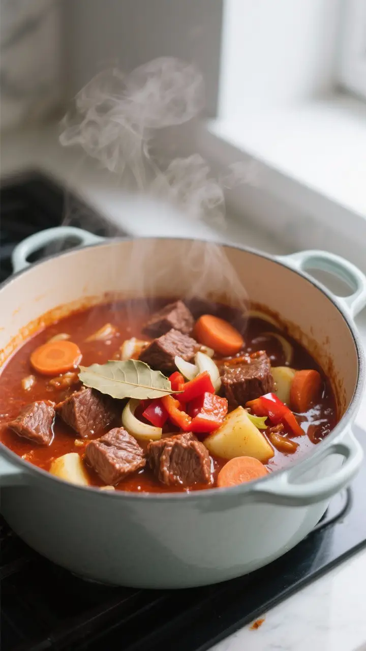 Cooking process close-up: Hungarian goulash simmering in a heavy enameled Dutch oven, brick-red papr