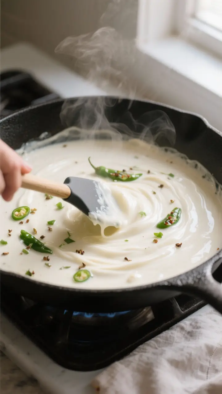 Cooking process close-up: In a matte black saucepan over low heat, silky white queso is being stirre
