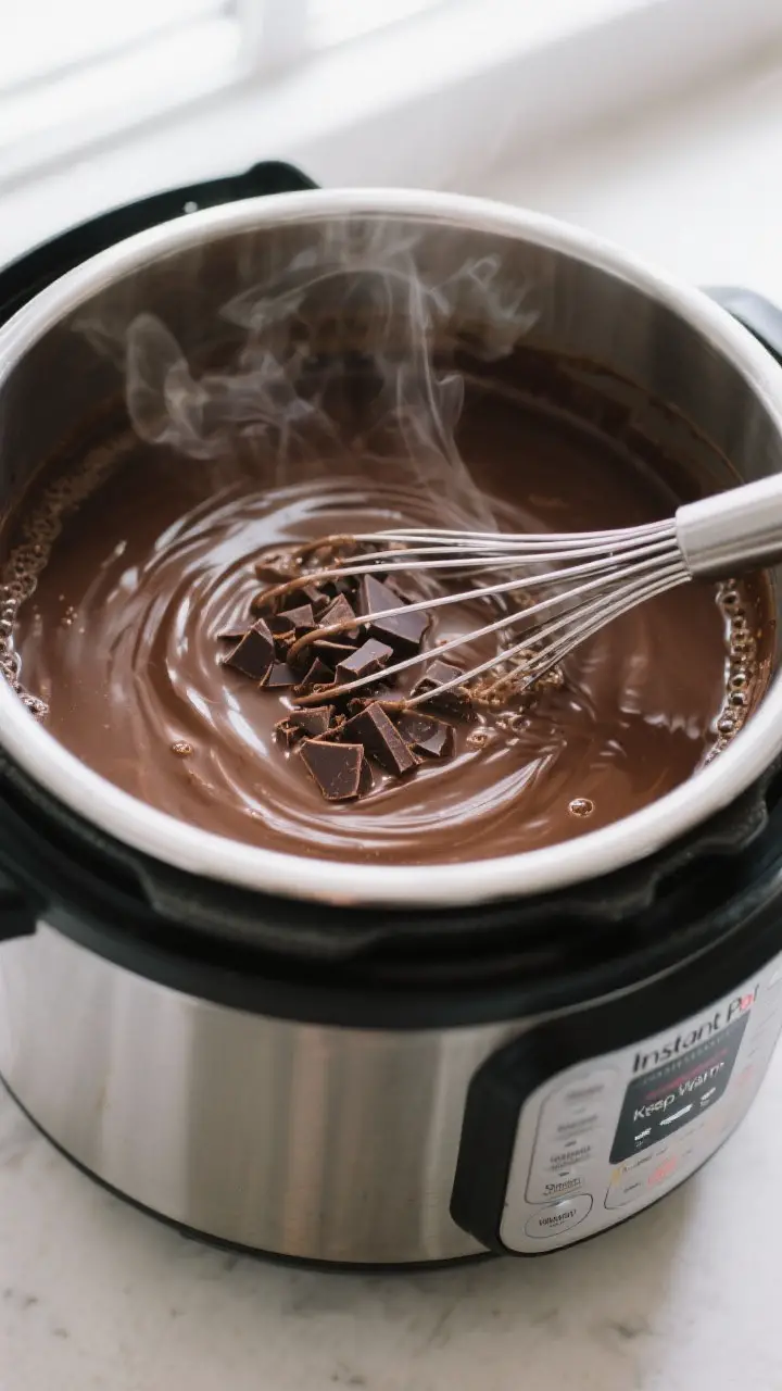 Cooking process close-up: Instant Pot hot chocolate in a 6-quart stainless steel insert on Sauté (L