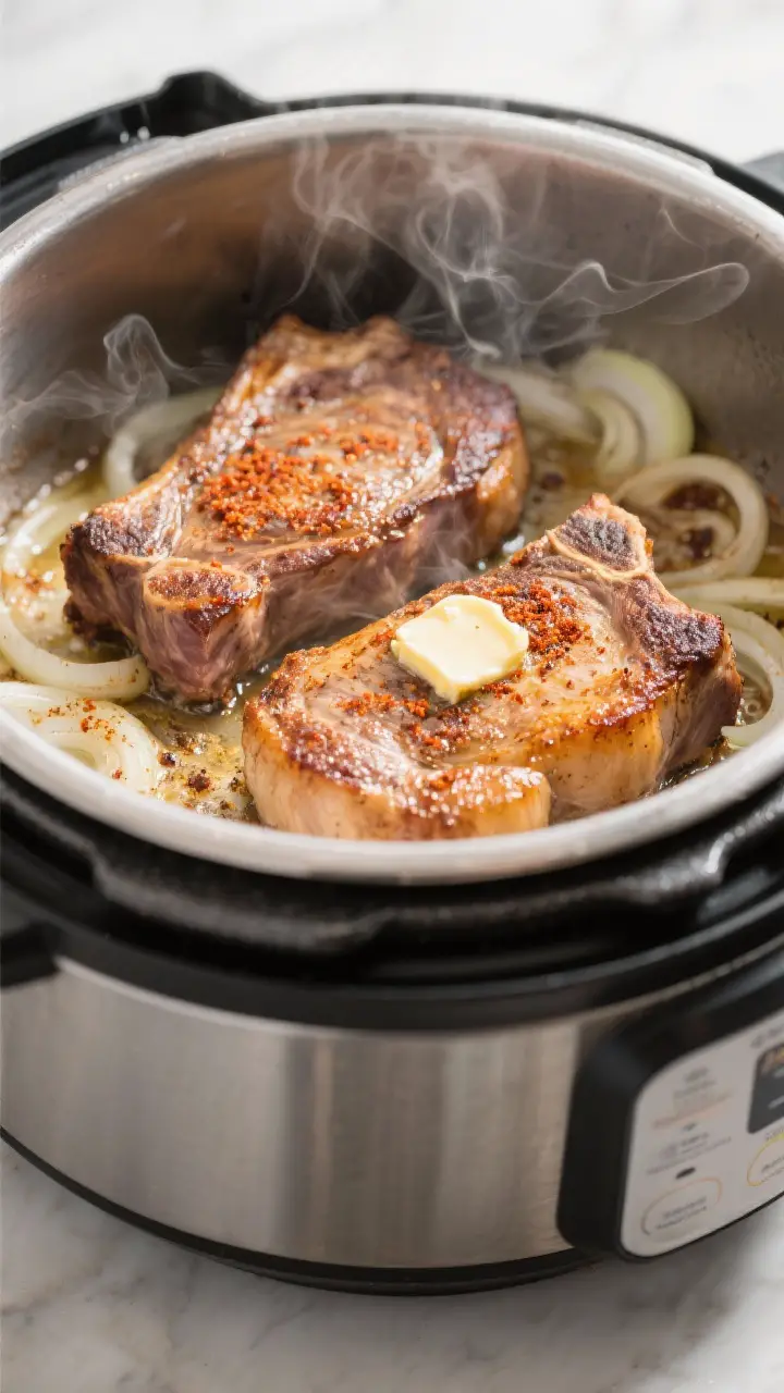 Cooking process close-up: Instant Pot pork chops being seared in the pot on Sauté (High), golden-br