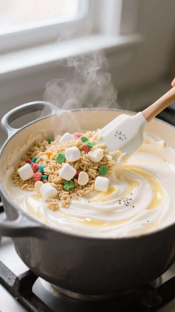 Cooking process close-up: Melted marshmallow mixture just off the heat in a wide pot, glossy and cre