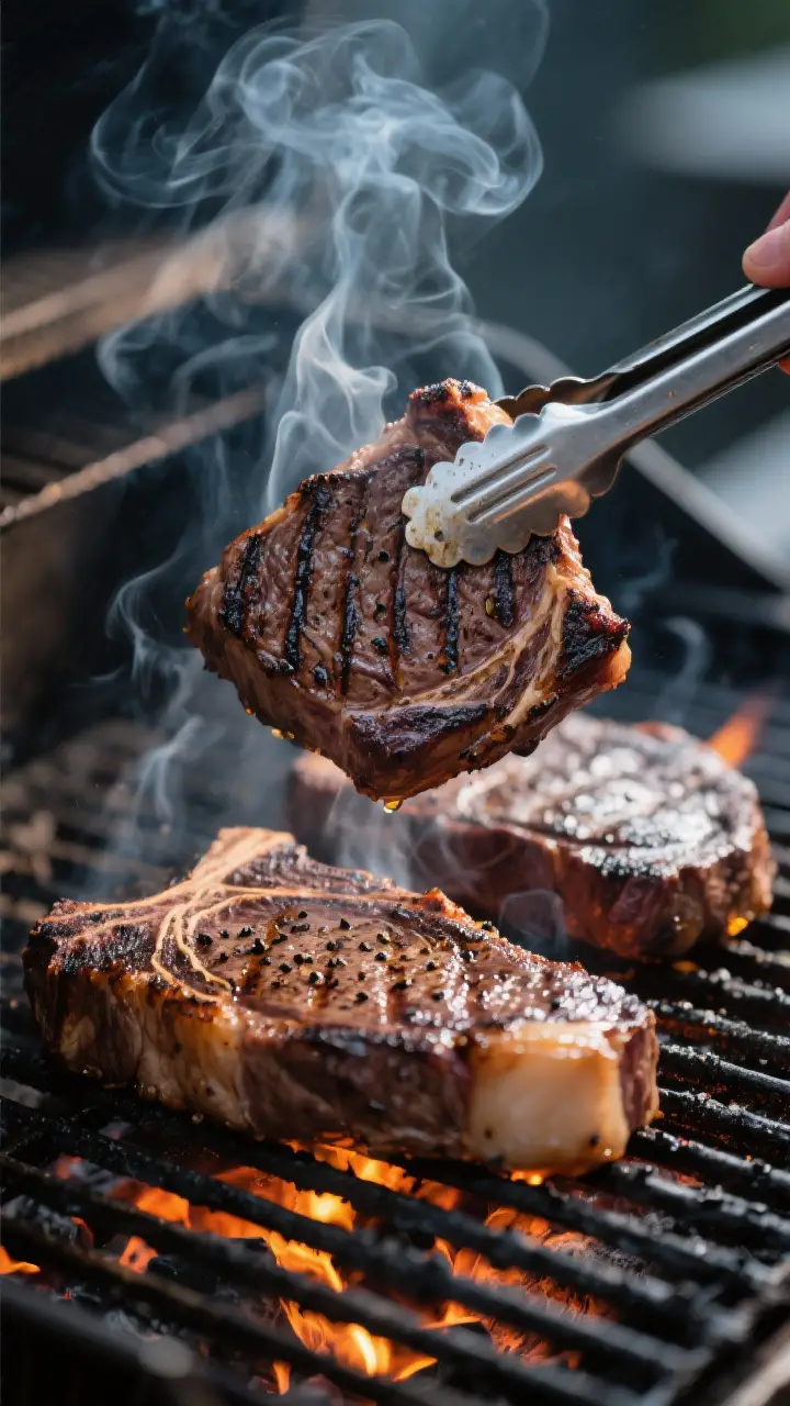 Cooking process close-up: Ribeye steaks on a blazing hot grill at 500–550°F, deep grill marks for