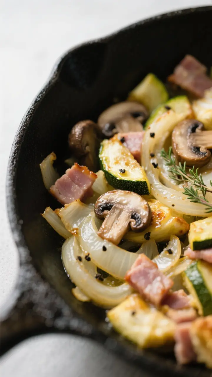Cooking process close-up: Sautéed vegetable-and-protein mix for Quick Crust Luncheon Pie in a black