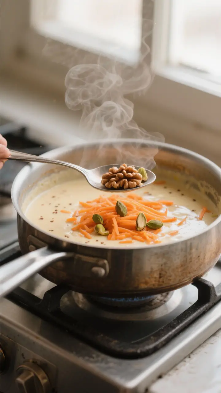 Cooking process close-up: Silky carrot pudding simmering gently in a medium saucepan, finely grated 