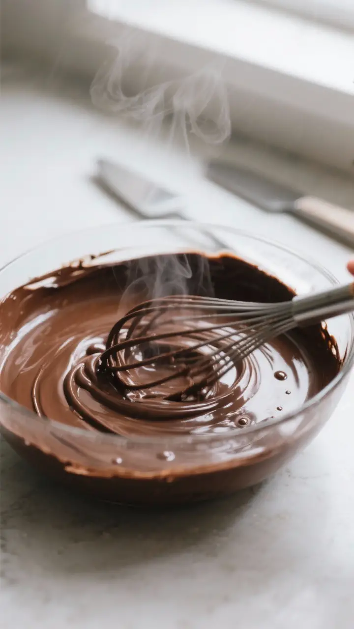 Cooking process close-up: Silky chocolate ganache being whisked from the center outward in a heatpro