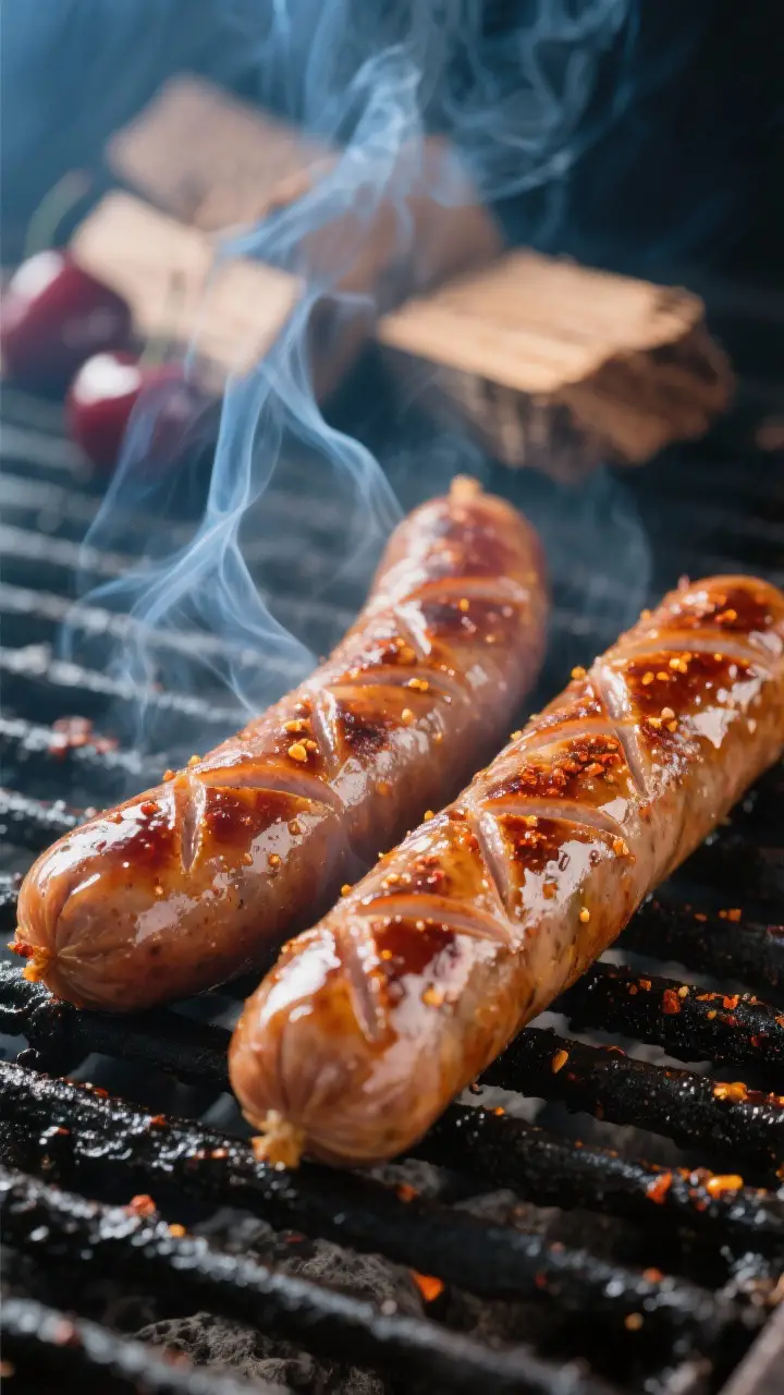 Cooking process close-up: Smoked kielbasa links on a smoker grate at 225–250°F, lightly crosshatc