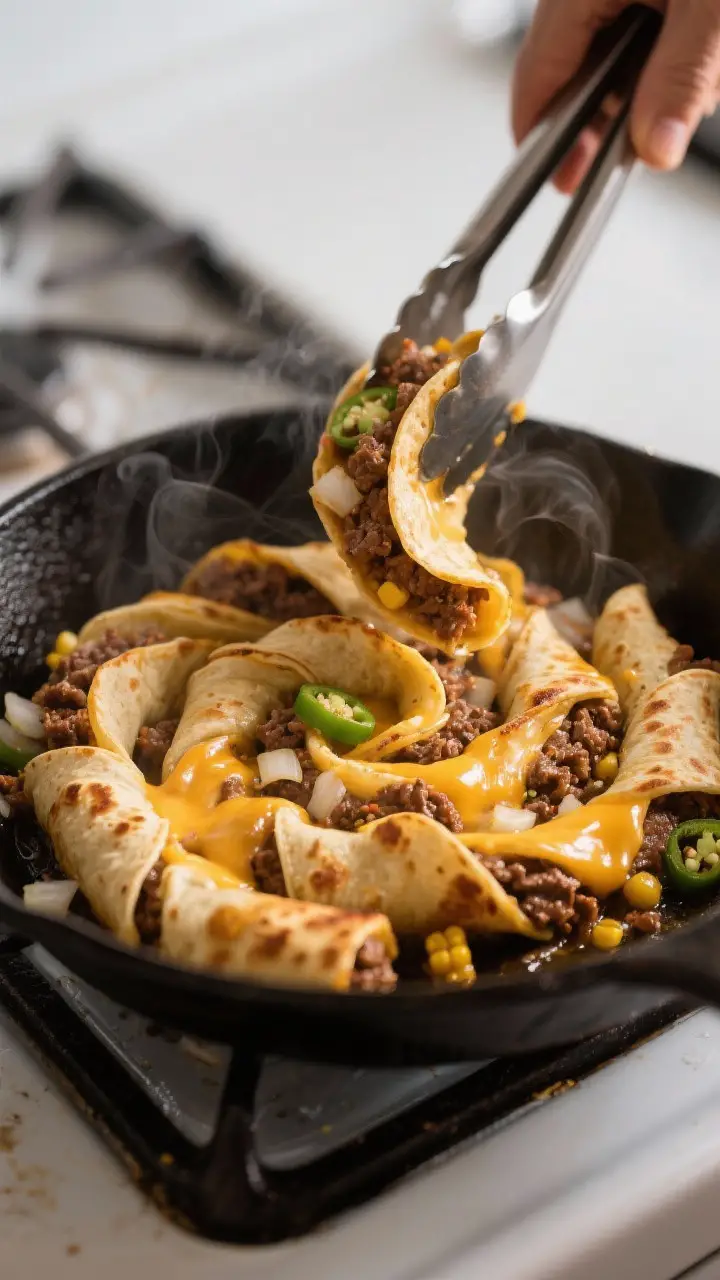 Cooking process close-up: Taco Twists crisping seam-side down in a cast-iron skillet, golden blister