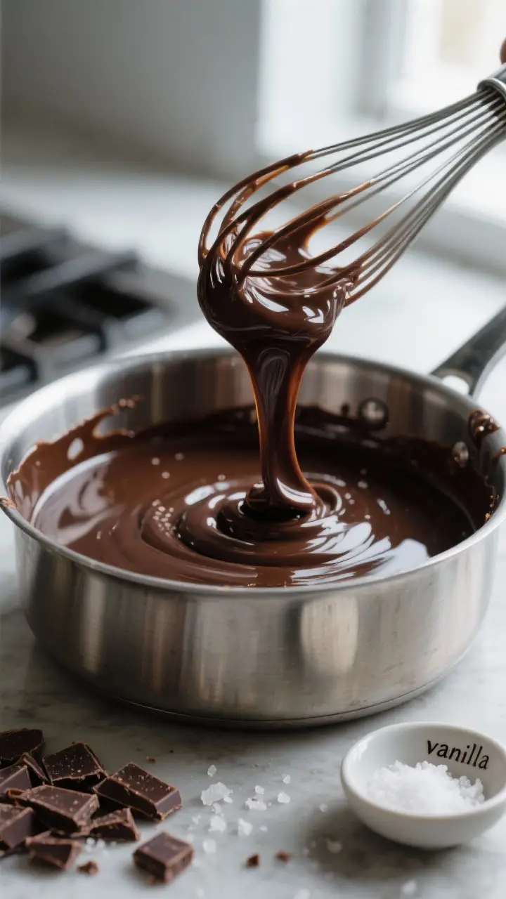 Cooking process, close-up: Thick, glossy fudge sauce just after the chopped bittersweet chocolate ha
