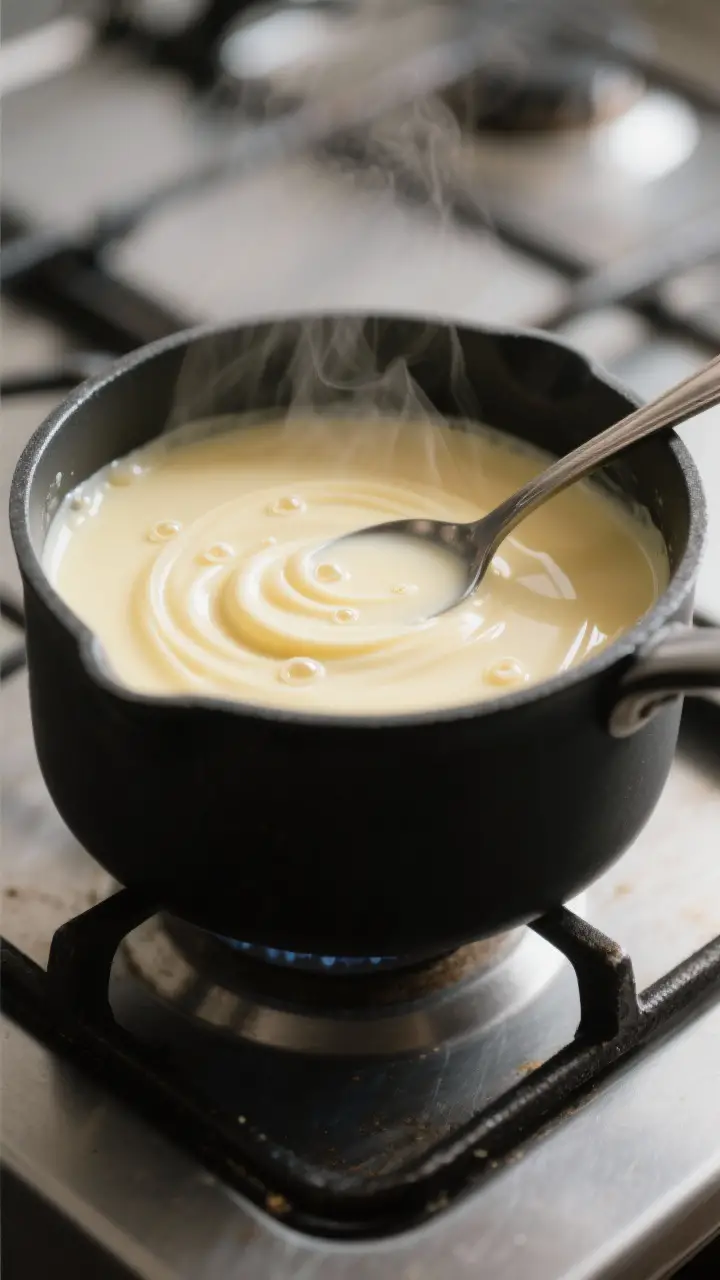 Cooking process close-up: Thickening vanilla custard in a matte black saucepan over medium-low heat,