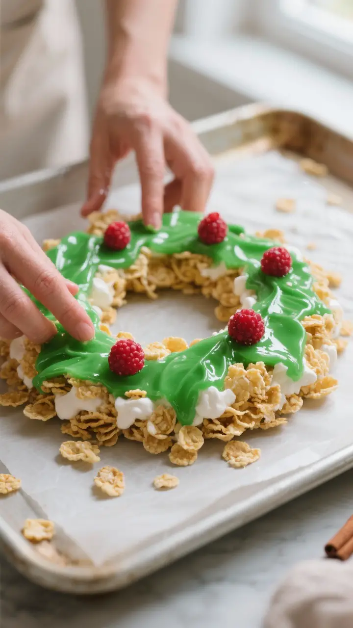 Cooking process close-up: Warm, glossy cornflake-marshmallow mixture being shaped into a 2–3 inch 