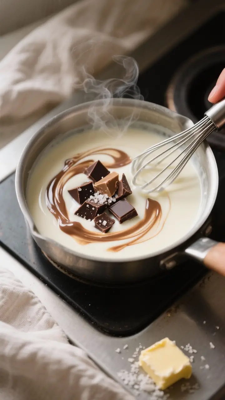 Cooking process close-up: Warm, steaming heavy cream in a small saucepan just off heat with chopped 