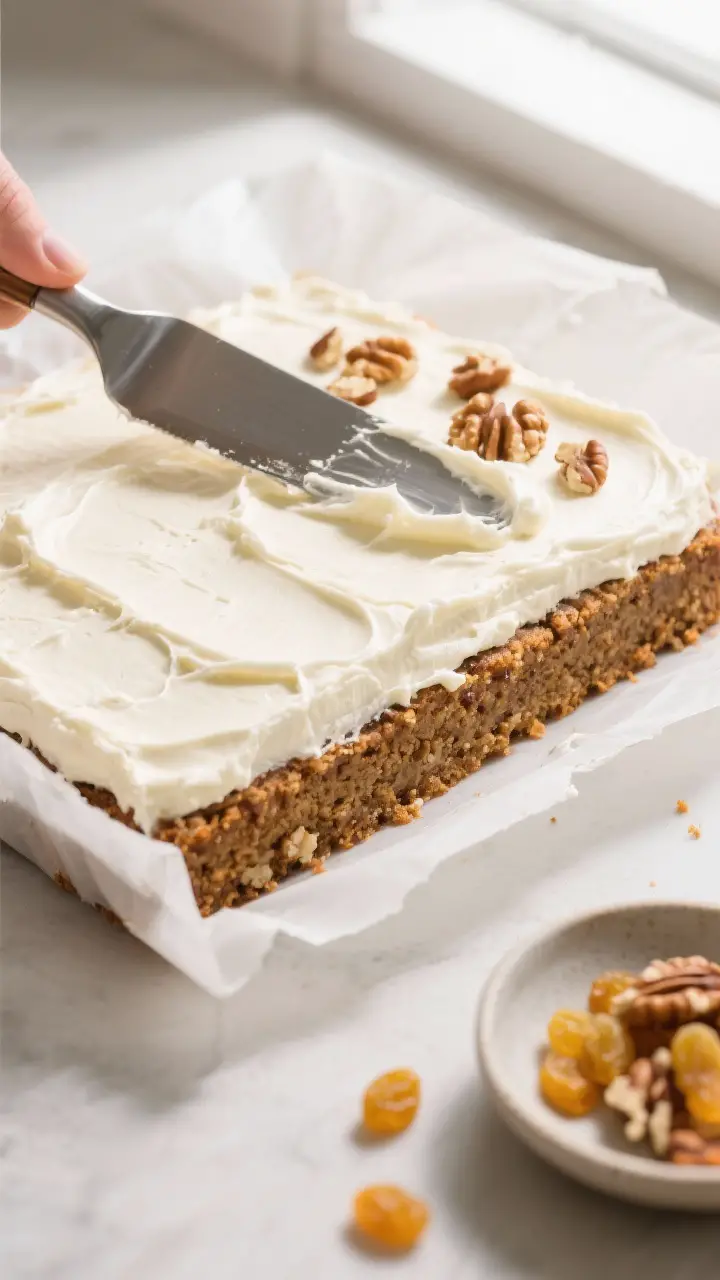 Cooking process: Cream cheese frosting being spread over the fully cooled carrot cake cookie bar sla