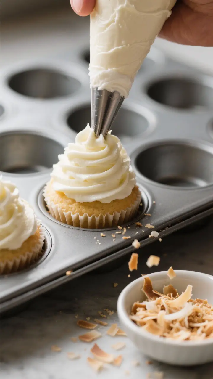 Cooking process: Creamy coconut-cream cheese frosting being piped in tall swirls onto fully cooled c