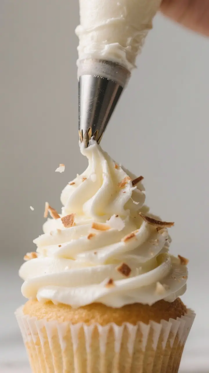 Cooking process: Creamy coconut-cream-cheese frosting being piped in a tall swirl (1M open star tip)