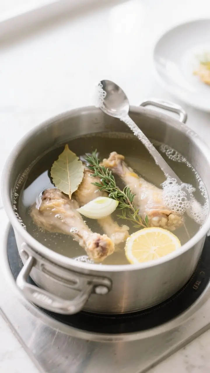 Cooking process: Drumsticks simmering at a gentle, steady simmer in a wide stainless pot, clear brot