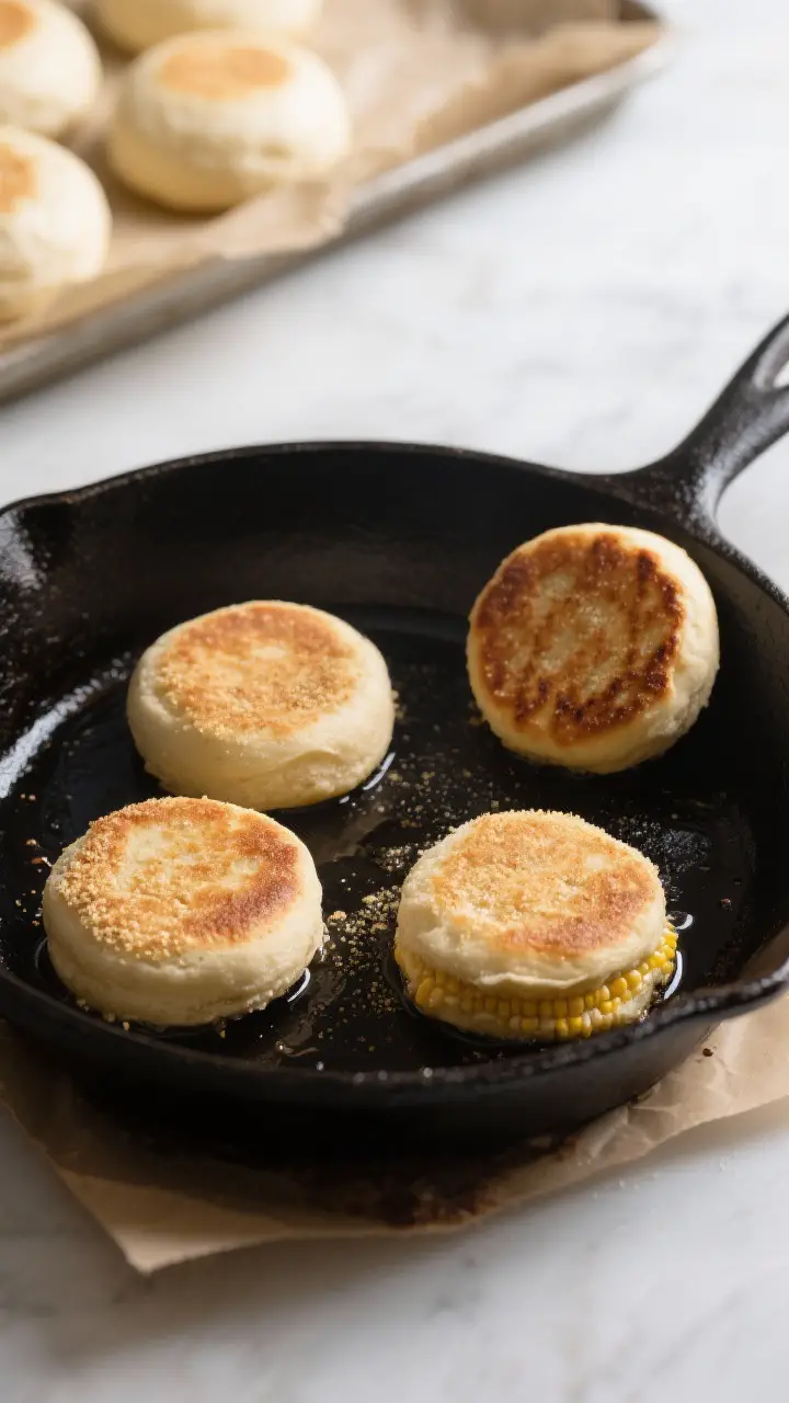 Cooking process: English muffins cooking low and slow on a heavy cast-iron skillet, overhead shot sh