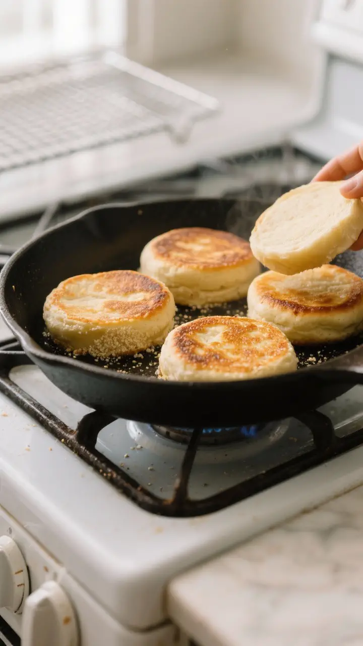 Cooking process: English muffins cooking on a heavy cast-iron skillet over medium-low heat, golden-b