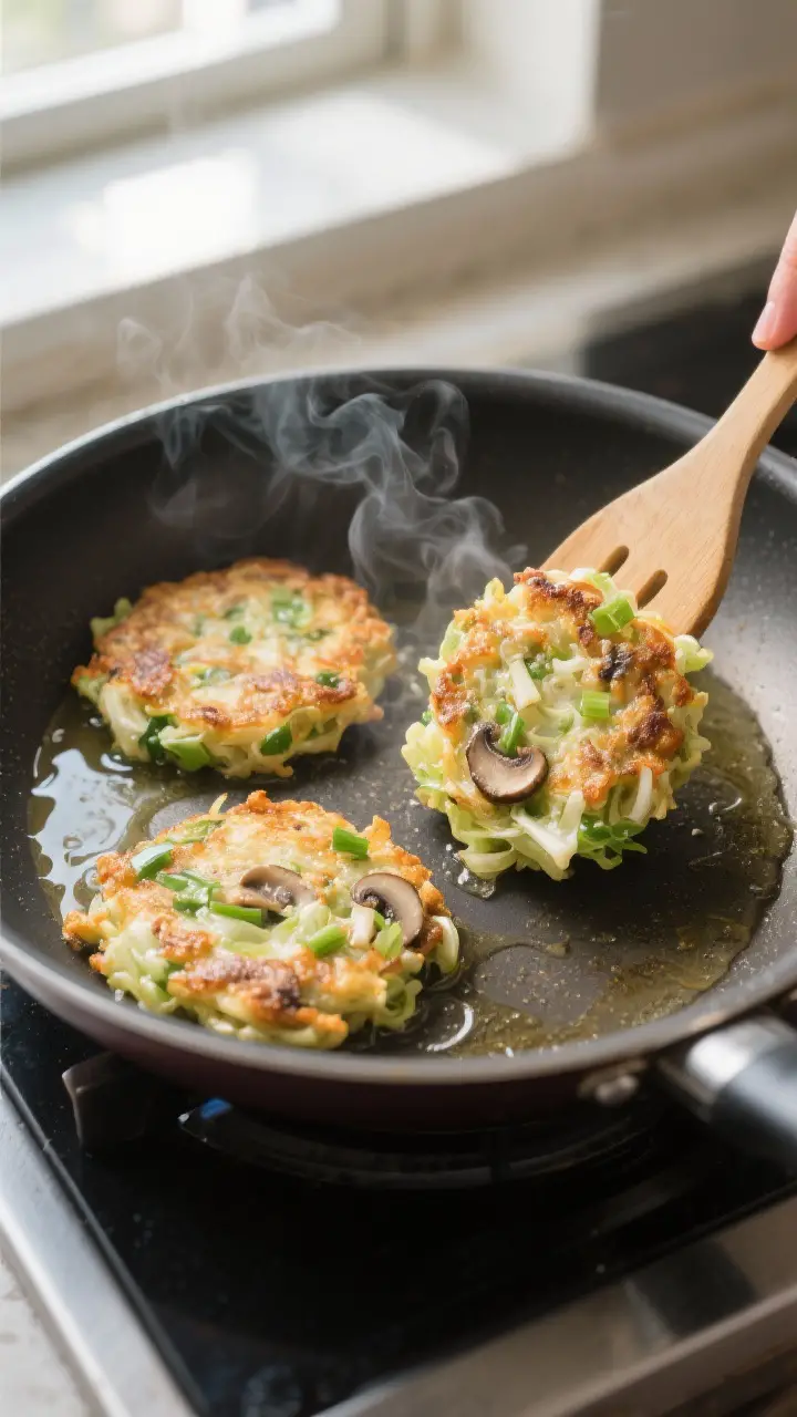 Cooking process: Foo Yong fritters sizzling in a nonstick skillet, medium-high heat, shallow pool of