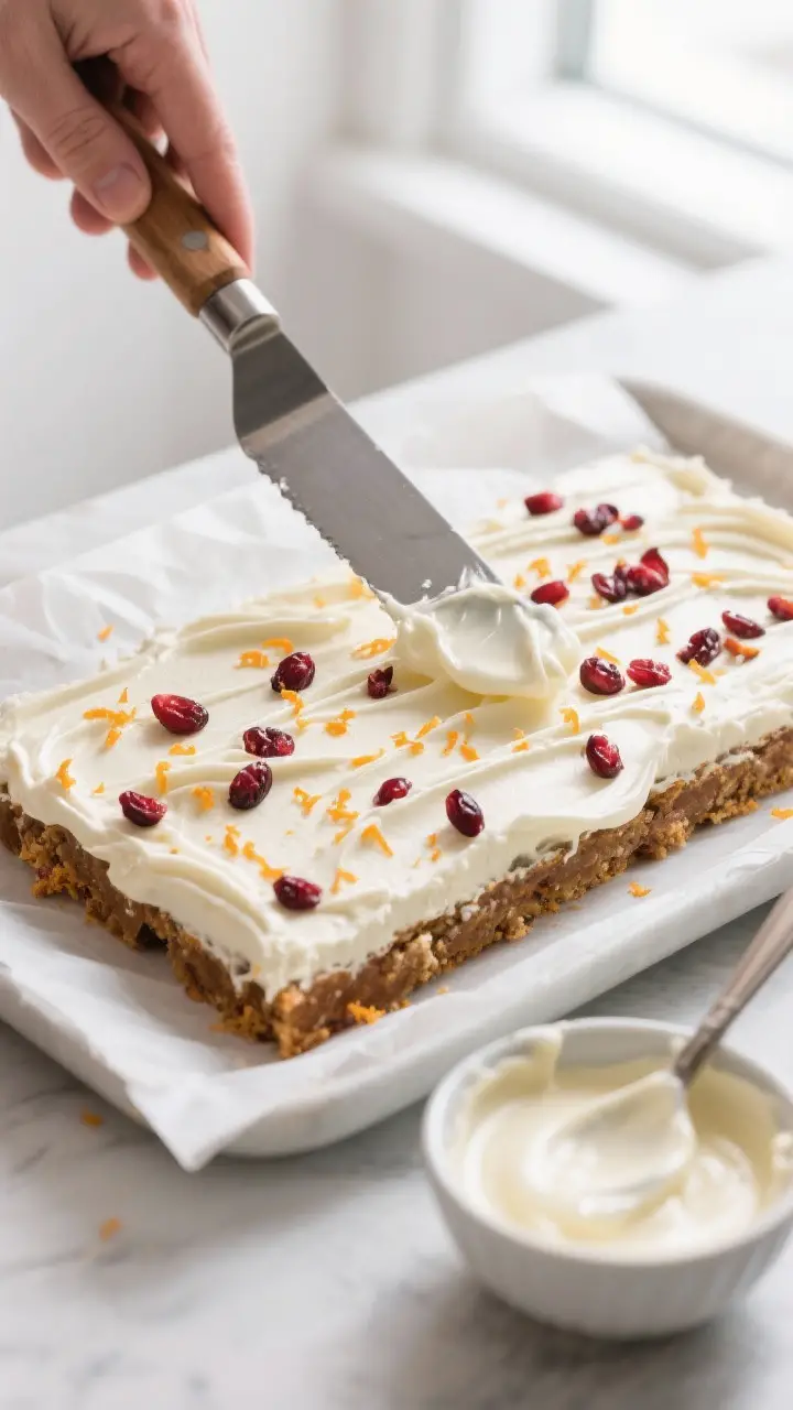 Cooking process: Frosting being spread on fully cooled bars—smooth, plush cream cheese–orange ze