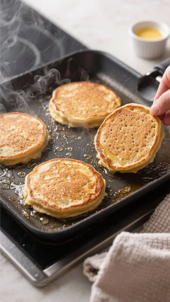 Cooking process: Graham Cracker Griddle Cakes mid-cook on a well-seasoned nonstick griddle, medium h