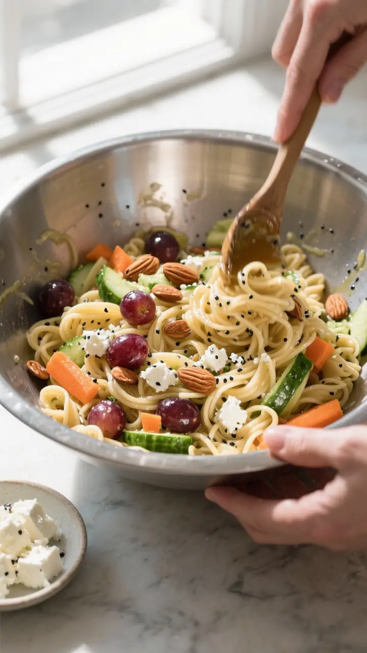 Cooking process: Just-tossed poppy seed pasta salad in a wide stainless-steel mixing bowl, two-third