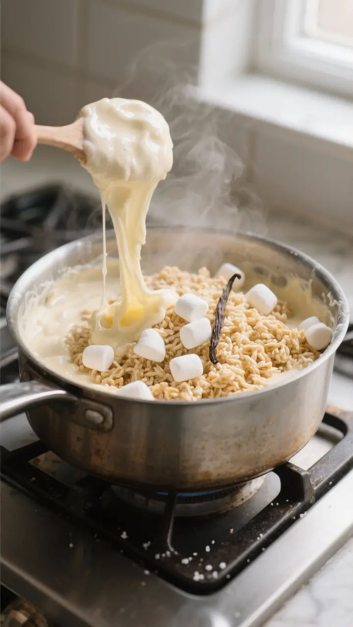 Cooking process: Low-and-slow marshmallow melt in a heavy pot just off the heat—silky, fully melte