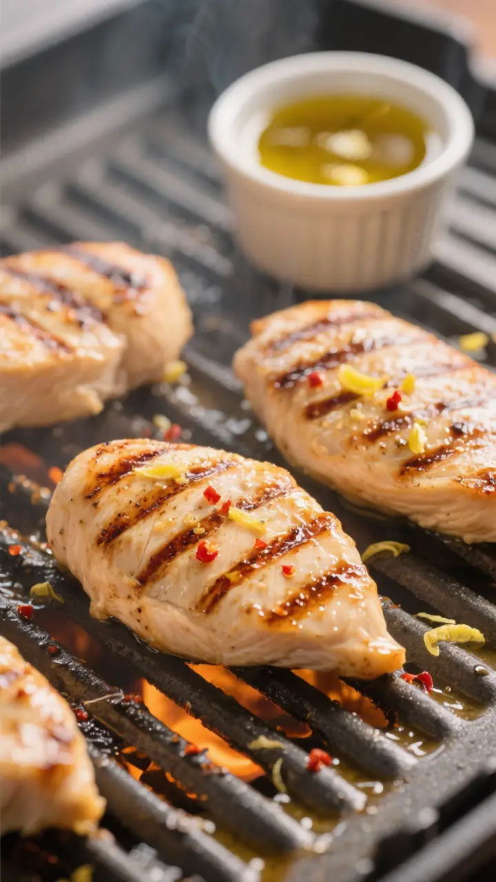 Cooking process: Marinated chicken breasts sizzling on a medium-high grill, pronounced grill marks a
