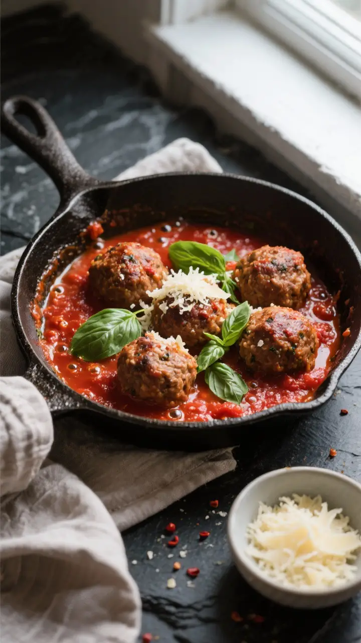 Cooking process: Meatballs simmering gently in a skillet of warm marinara, small bubbles around the 