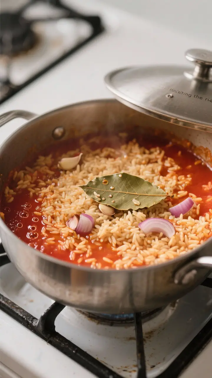 Cooking process: Mexican rice at the “toasting the rice” stage transitioning into a gentle simme