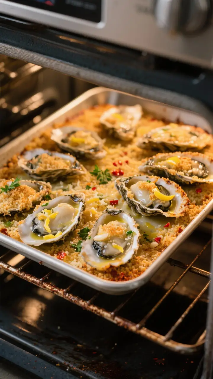 Cooking process, mid-bake: Oyster tray bake on the middle oven rack at 425°F, breadcrumb–Parmesan