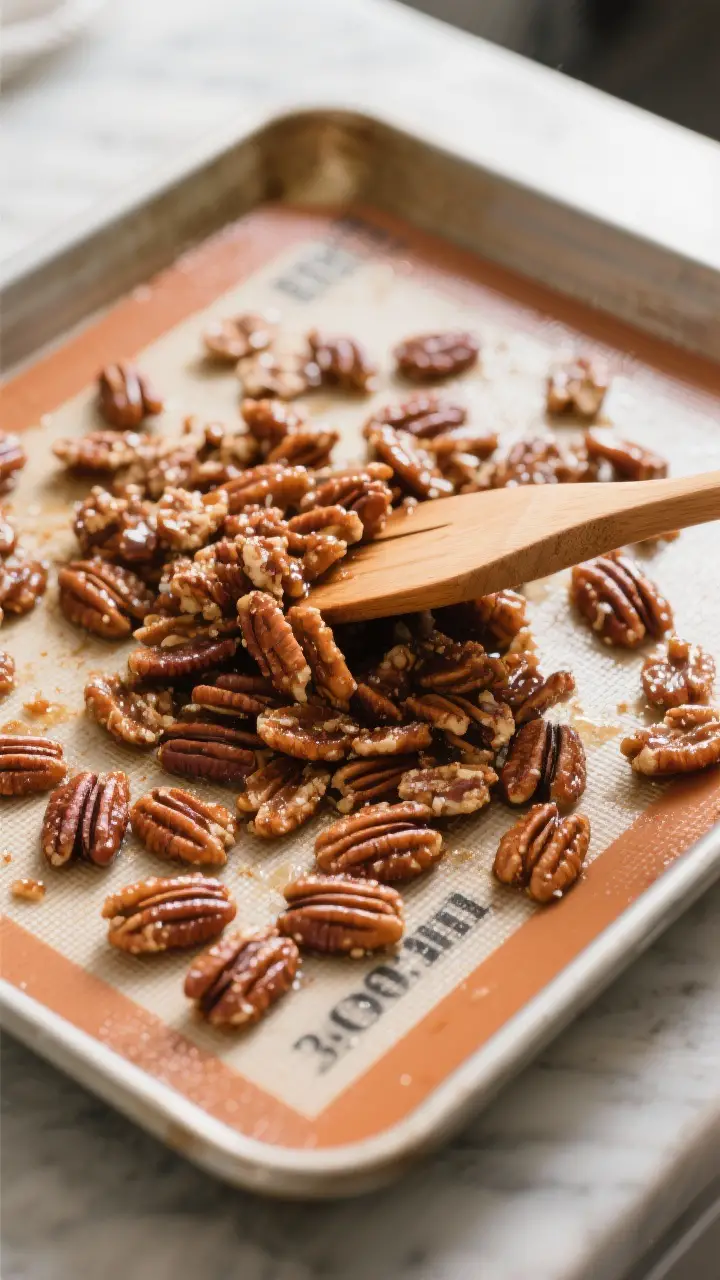 Cooking process: Mid-bake stir of candied pecans on a rimmed sheet pan at 300°F, wooden spatula gen