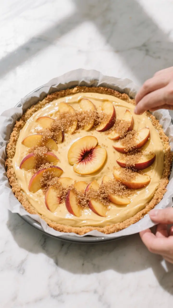 Cooking process, overhead: Batter spread in a parchment-lined 9-inch round pan with peach slices gen