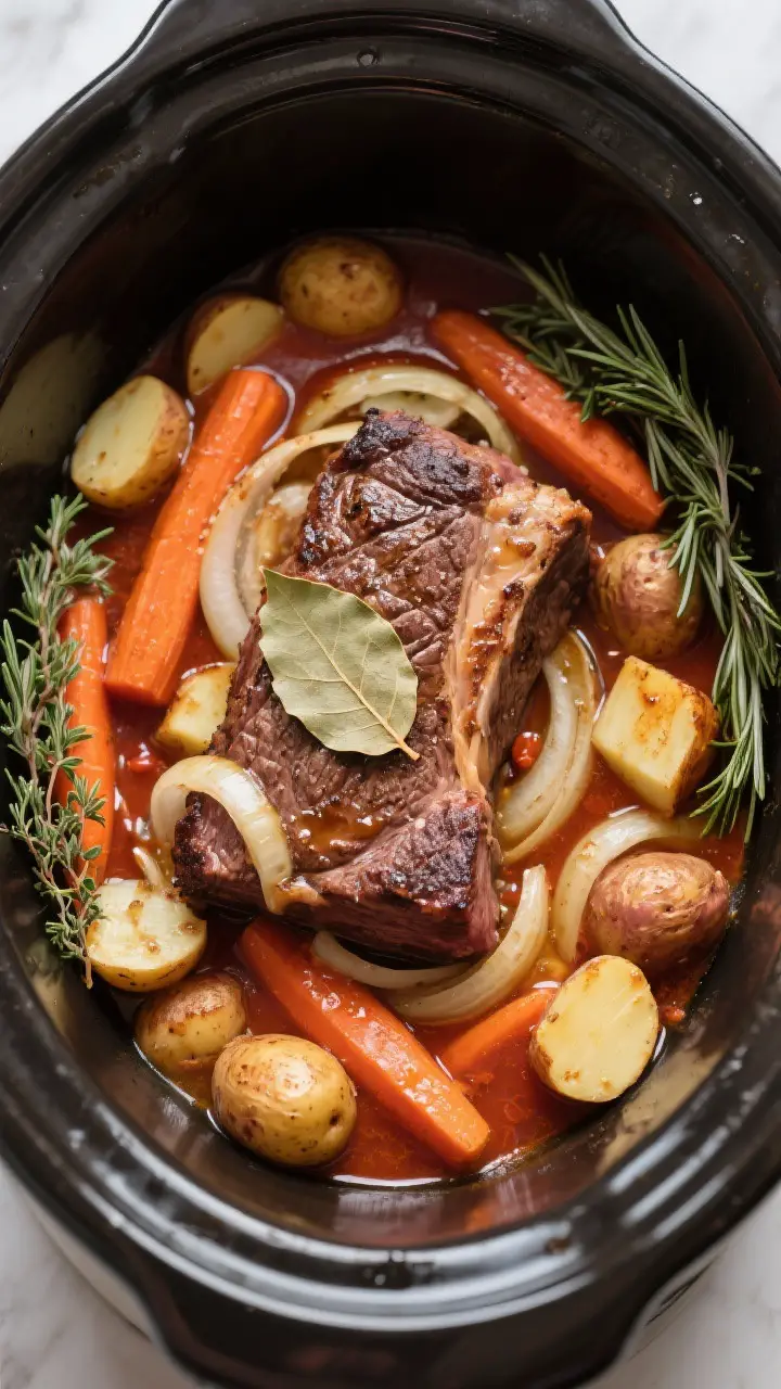 Cooking process: Overhead shot inside the slow cooker near the end of cooking—seared chuck roast n