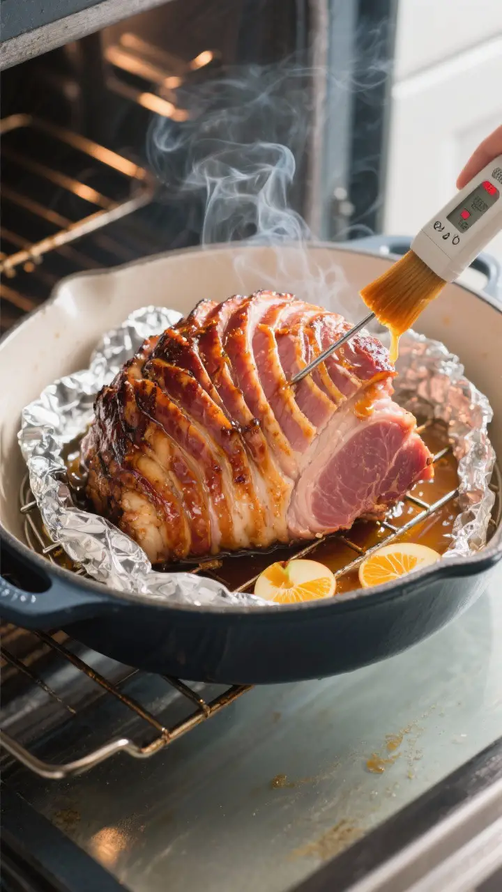 Cooking process: Overhead shot of a bone-in smoked spiral ham on a roasting rack inside a large pan,