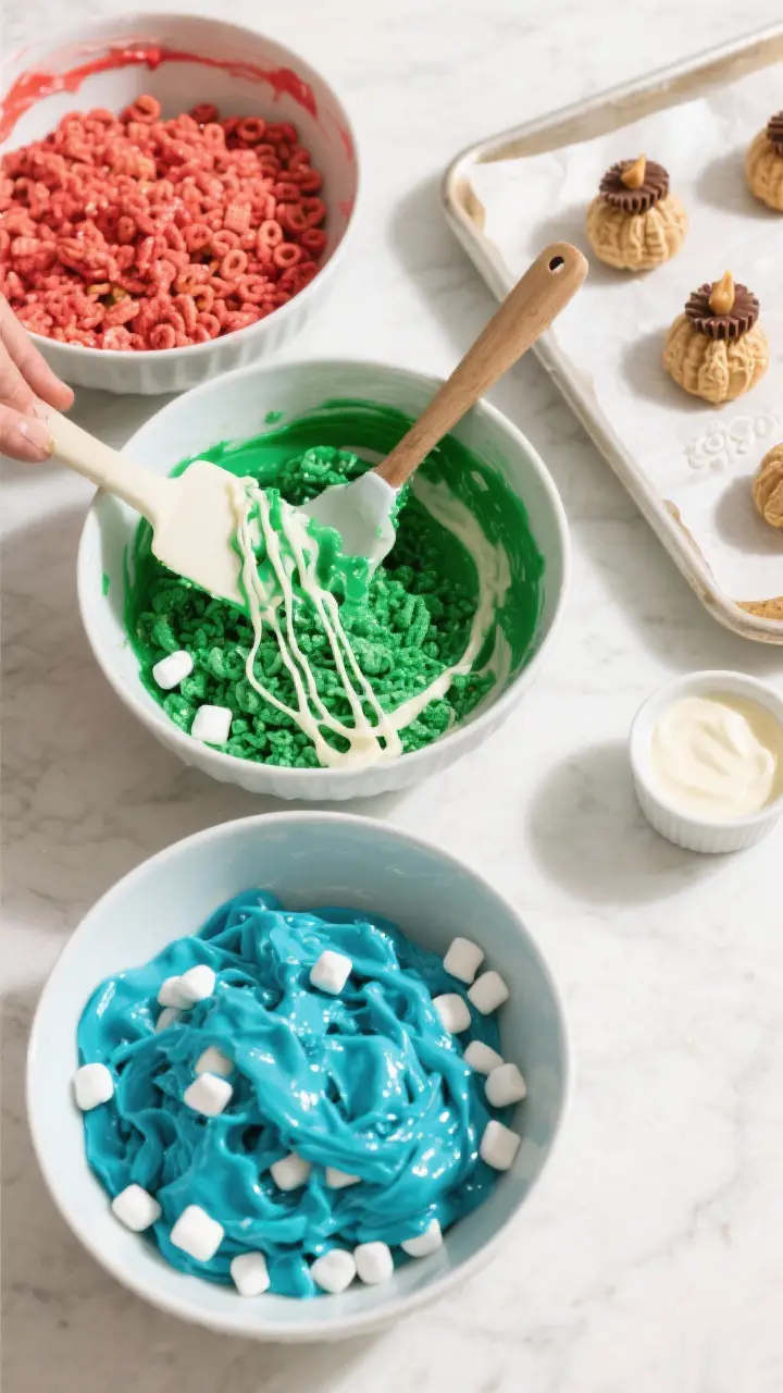 Cooking process: Overhead shot of a divided set of mixing bowls on a clean countertop, each holding 