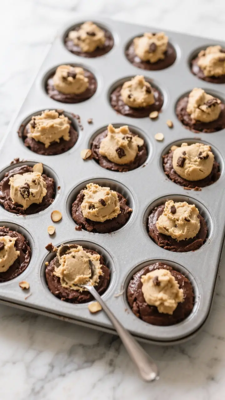 Cooking process: Overhead shot of a lined 12-cup muffin tin on a marble counter, each cup filled one